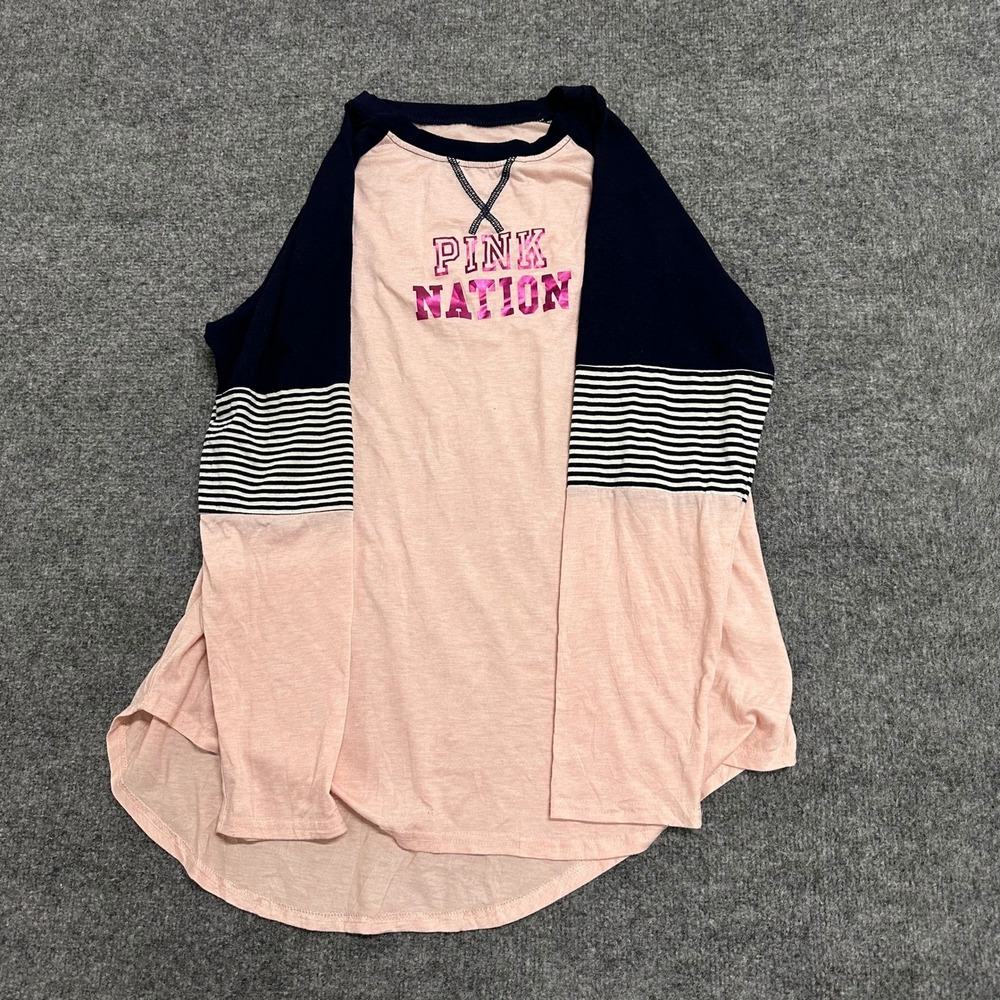 Victoria's Secret Pink Nation Shirt Womens XXL Pink Navy Baseball Raglan Stripe